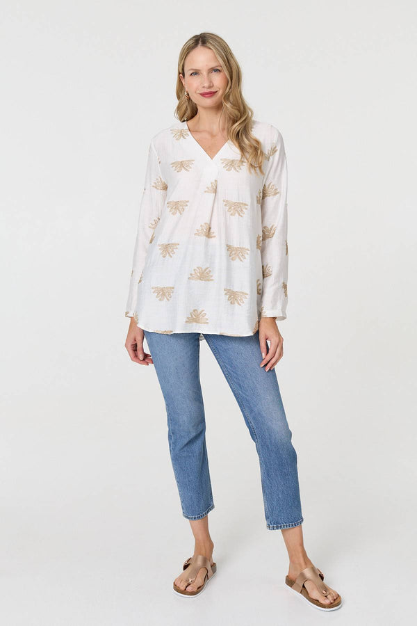 White | Embroidered Pleat 3/4 Sleeve Blouse