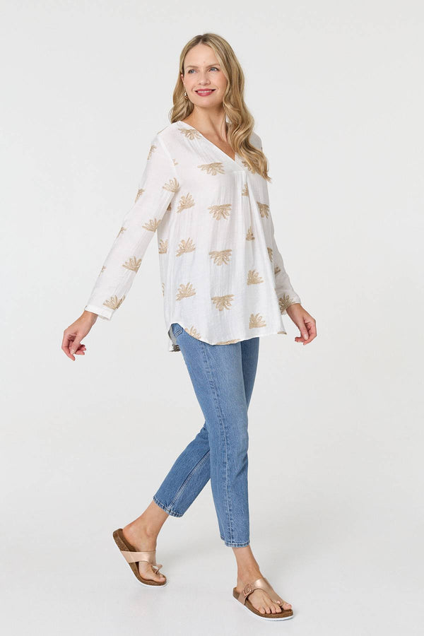 White | Embroidered Pleat 3/4 Sleeve Blouse