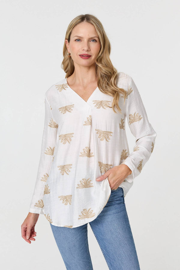 White | Embroidered Pleat 3/4 Sleeve Blouse
