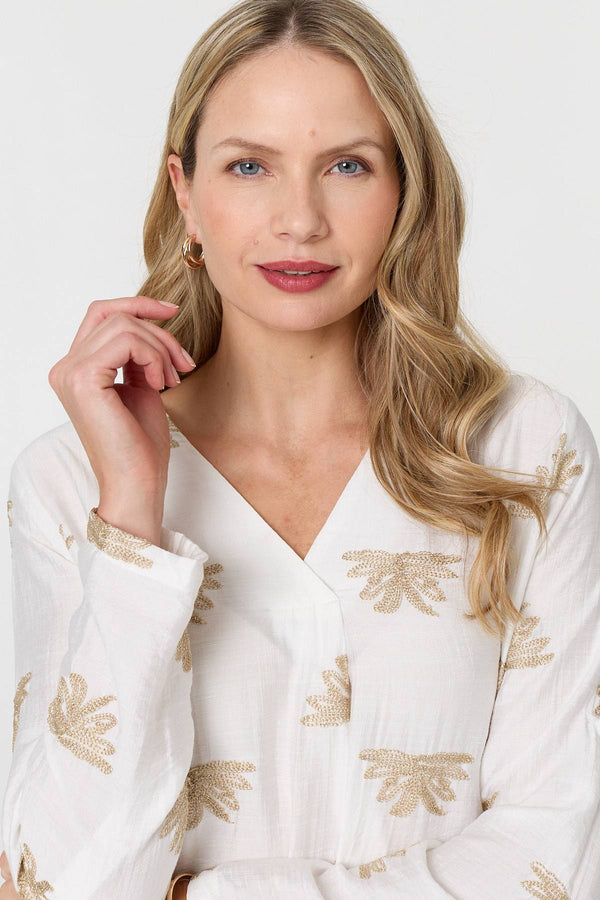 White | Embroidered Pleat 3/4 Sleeve Blouse