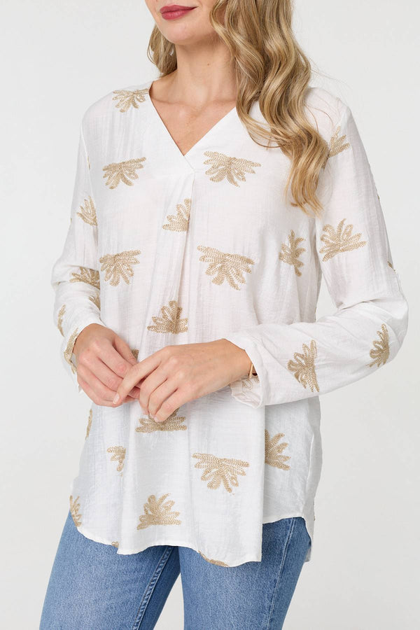 White | Embroidered Pleat 3/4 Sleeve Blouse