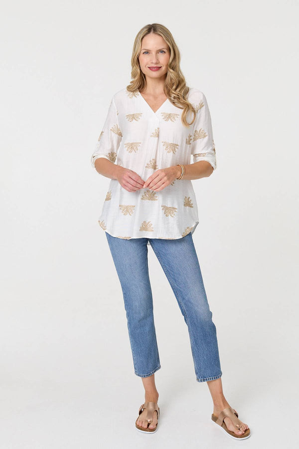 White | Embroidered Pleat 3/4 Sleeve Blouse