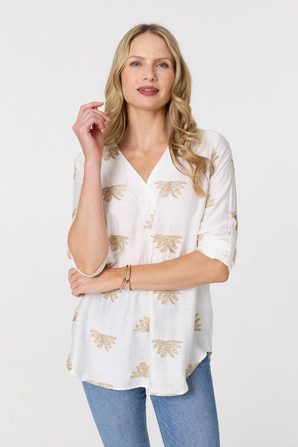 White | Embroidered Pleat 3/4 Sleeve Blouse