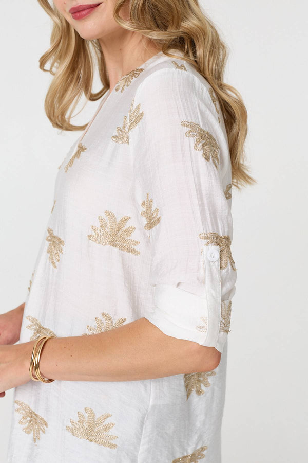White | Embroidered Pleat 3/4 Sleeve Blouse