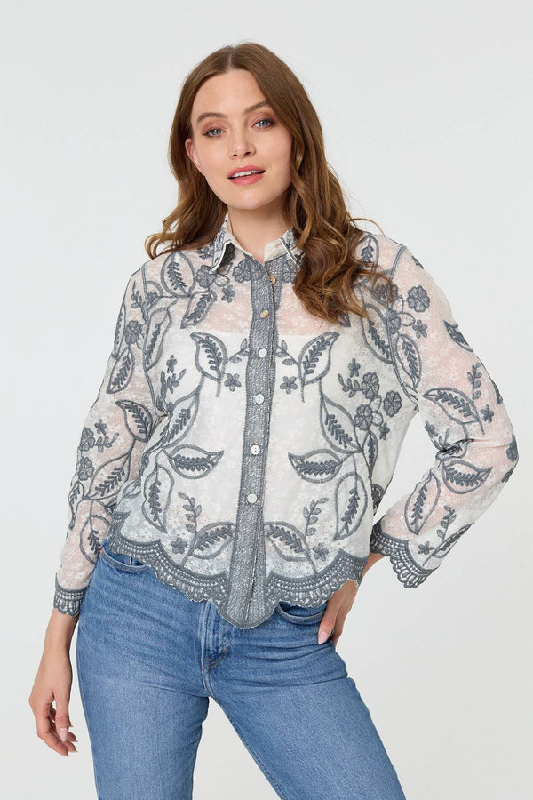 Grey | Leaf Embroidered Semi Sheer Lace Shirt