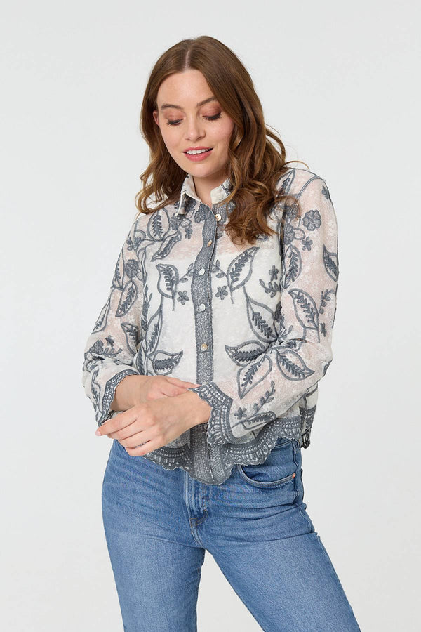 Grey | Leaf Embroidered Semi Sheer Lace Shirt