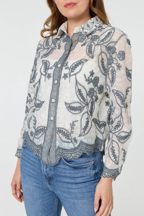 Grey | Leaf Embroidered Semi Sheer Lace Shirt