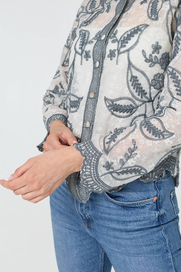 Grey | Leaf Embroidered Semi Sheer Lace Shirt