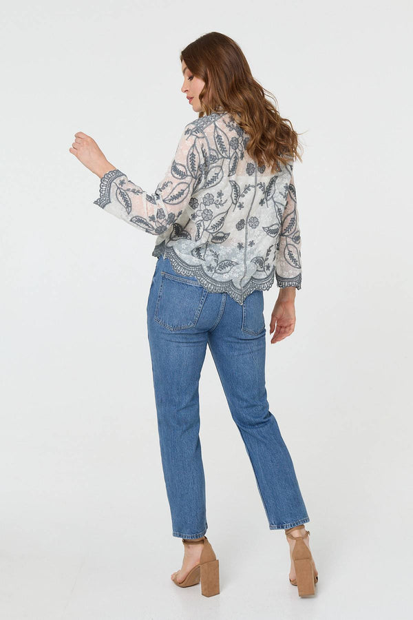 Grey | Leaf Embroidered Semi Sheer Lace Shirt