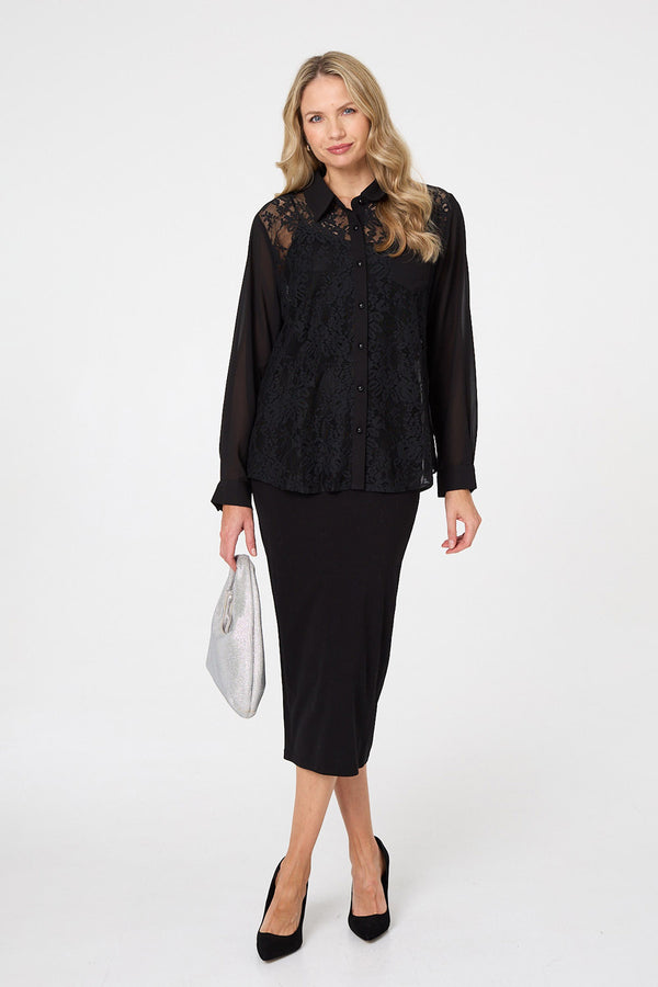 Black | Floral Lace Semi Sheer Long Sleeve Shirt