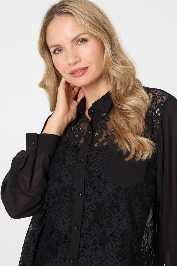 Black | Floral Lace Semi Sheer Long Sleeve Shirt