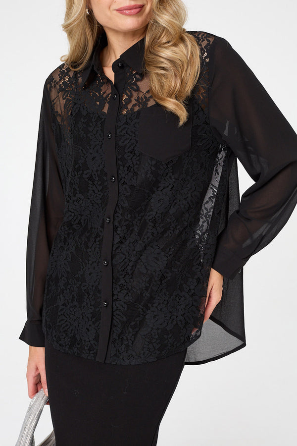 Black | Floral Lace Semi Sheer Long Sleeve Shirt