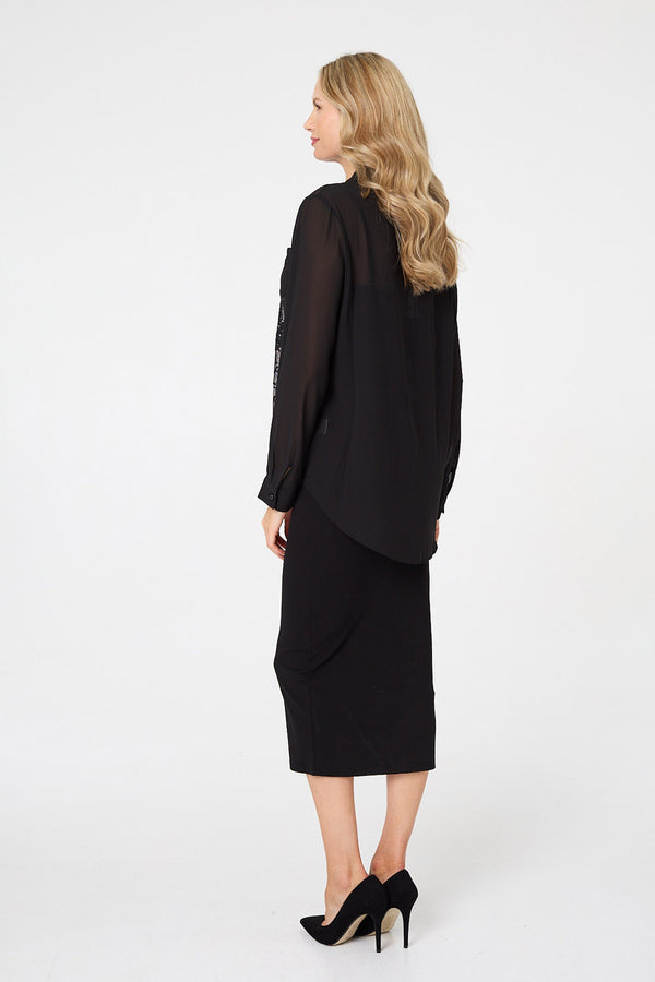Black | Floral Lace Semi Sheer Long Sleeve Shirt
