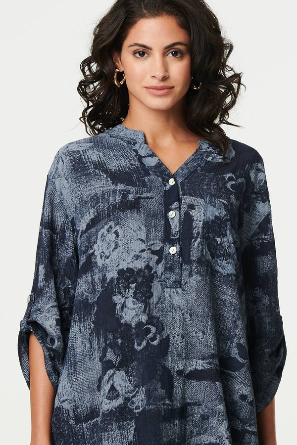 Navy | Floral 3/4 Sleeve Relaxed Blouse