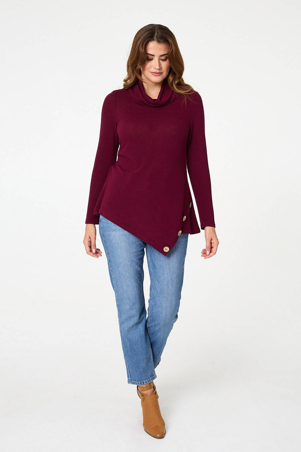 Red | Cowl Neck Asymmetric Long Sleeve Top