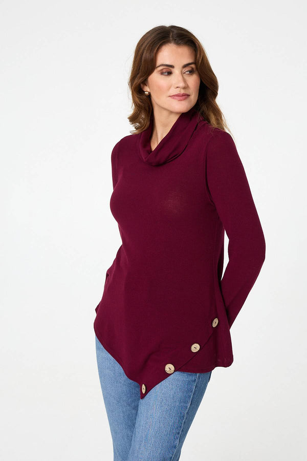 Red | Cowl Neck Asymmetric Long Sleeve Top