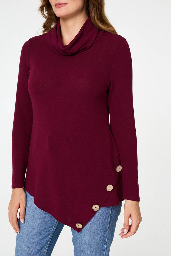 Red | Cowl Neck Asymmetric Long Sleeve Top