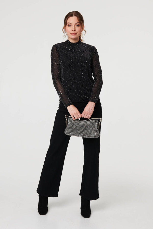 Black | Sparkly Semi Sheer Textured Mesh Top