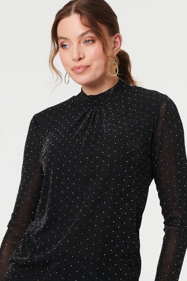 Black | Sparkly Semi Sheer Textured Mesh Top