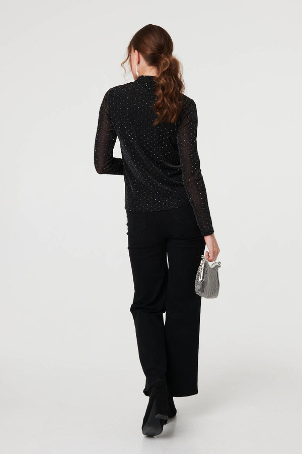 Black | Sparkly Semi Sheer Textured Mesh Top
