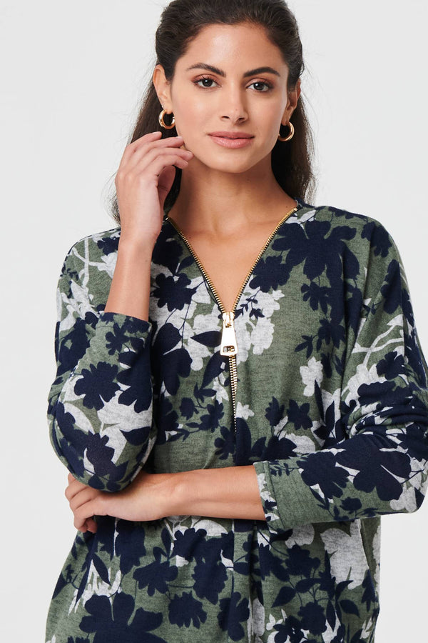 Green | Leaf Print Zip Front Relaxed Top