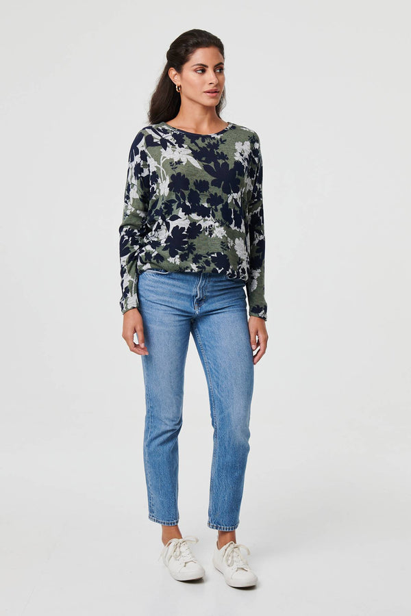 Green | Leaf Print Long Sleeve Relaxed Top
