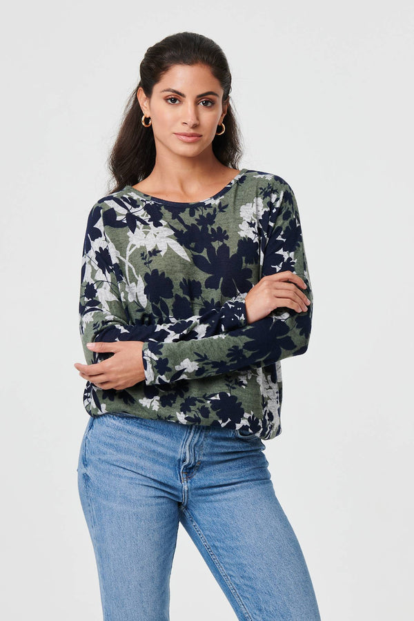 Green | Leaf Print Long Sleeve Relaxed Top