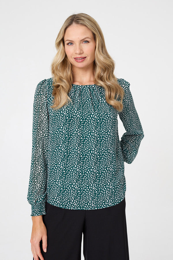 Teal | Printed Long Sleeve Semi Sheer Blouse