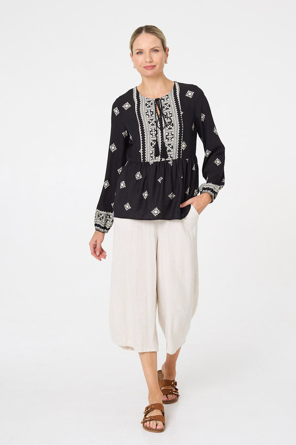Black | Border Print Long Sleeve Tassel Blouse