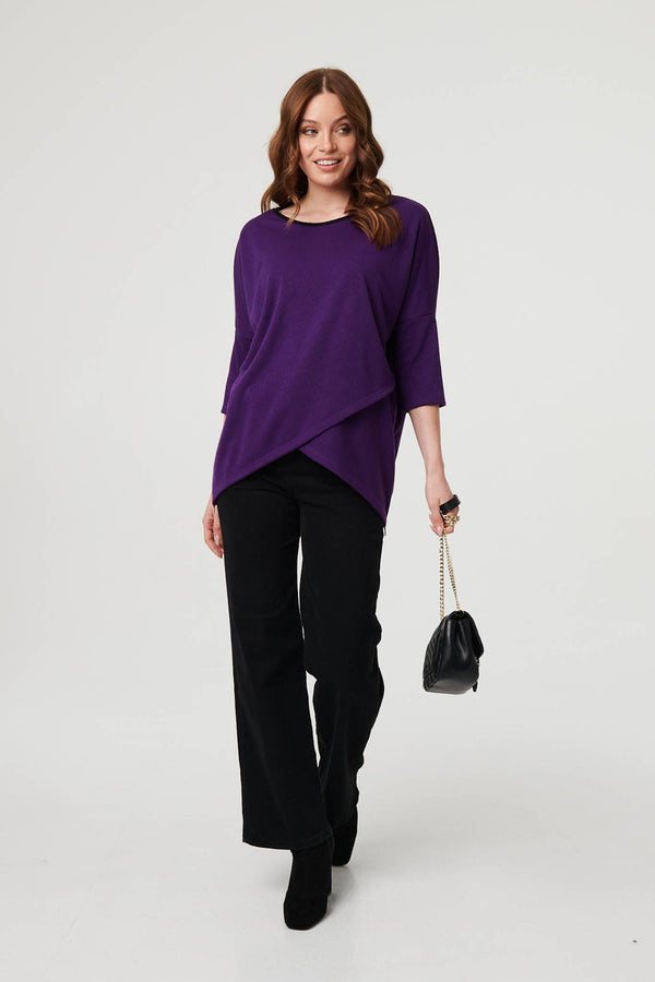 Purple | Asymmetric Zip Hem 3/4 Sleeve Tunic Top