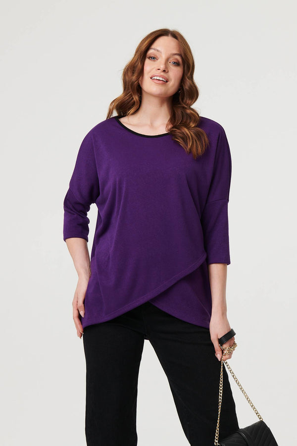 Purple | Asymmetric Zip Hem 3/4 Sleeve Tunic Top