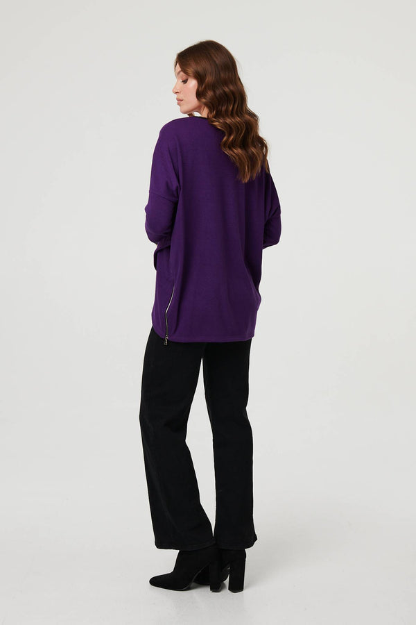Purple | Asymmetric Zip Hem 3/4 Sleeve Tunic Top
