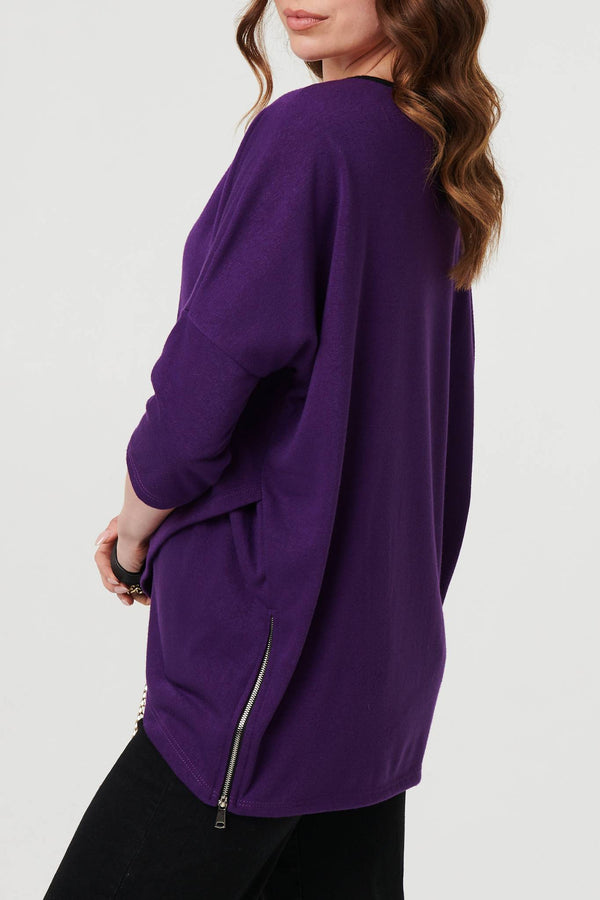 Purple | Asymmetric Zip Hem 3/4 Sleeve Tunic Top