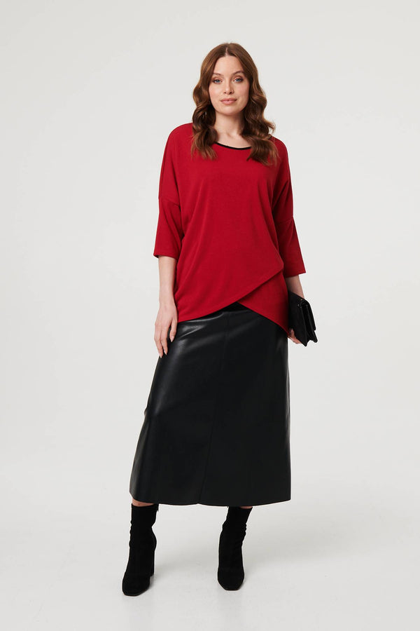 Red | Asymmetric Zip Hem 3/4 Sleeve Tunic Top