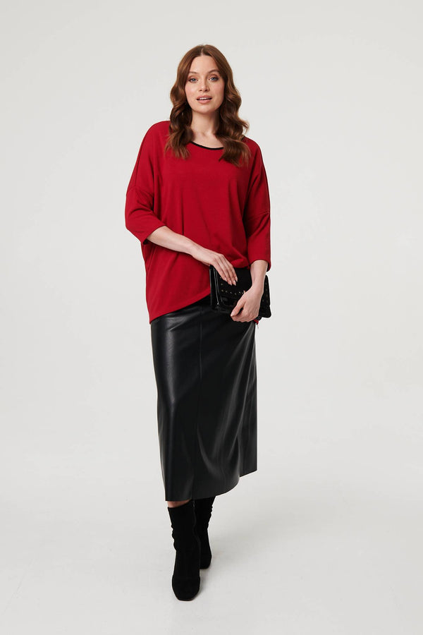 Red | Asymmetric Zip Hem 3/4 Sleeve Tunic Top