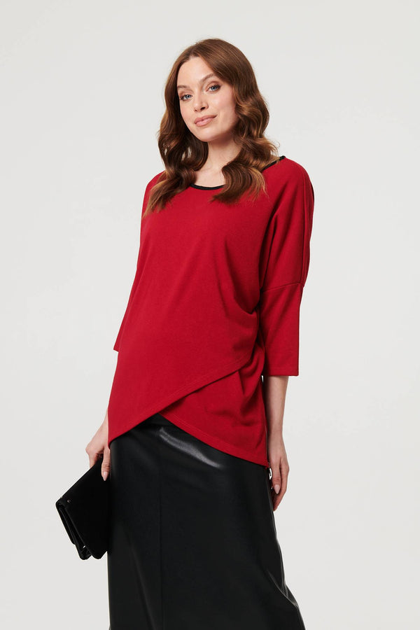 Red | Asymmetric Zip Hem 3/4 Sleeve Tunic Top