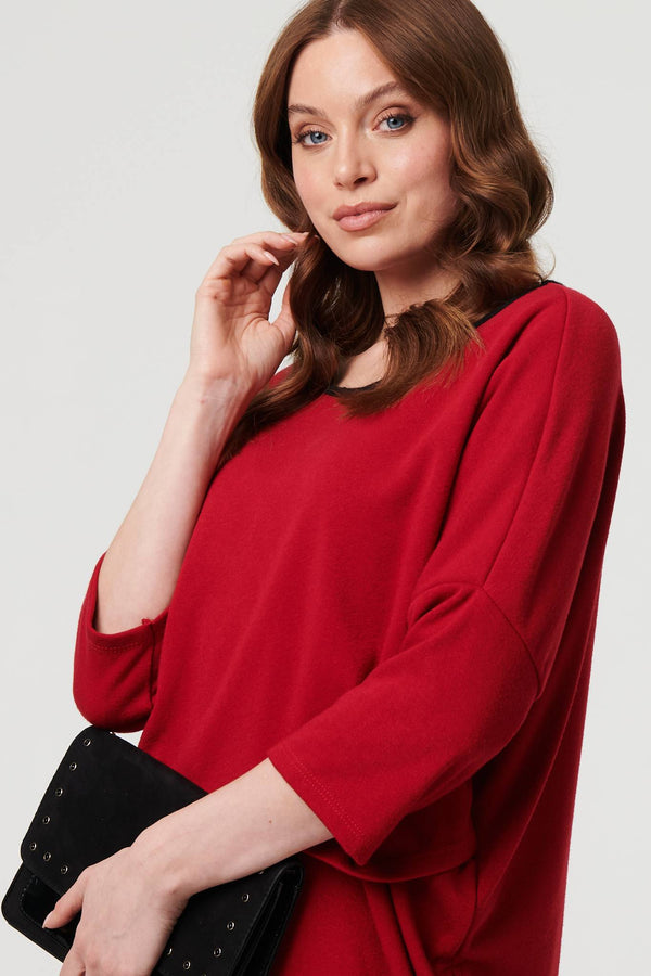 Red | Asymmetric Zip Hem 3/4 Sleeve Tunic Top