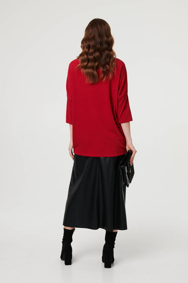 Red | Asymmetric Zip Hem 3/4 Sleeve Tunic Top