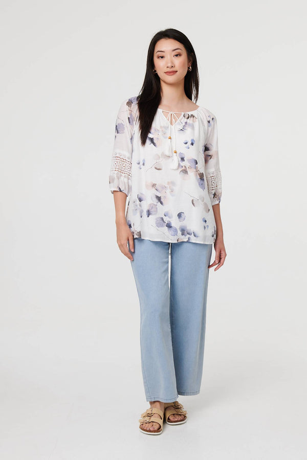 Blue | Printed Lace Trim Tie Neck Bardot Blouse