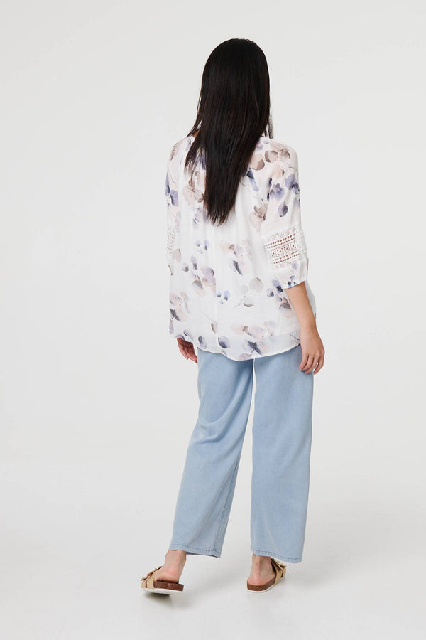 Blue | Printed Lace Trim Tie Neck Bardot Blouse