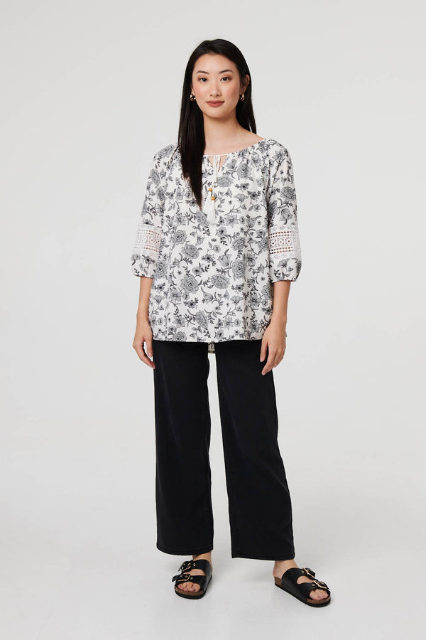 White | Floral Lace Trim Tie Neck Bardot Blouse