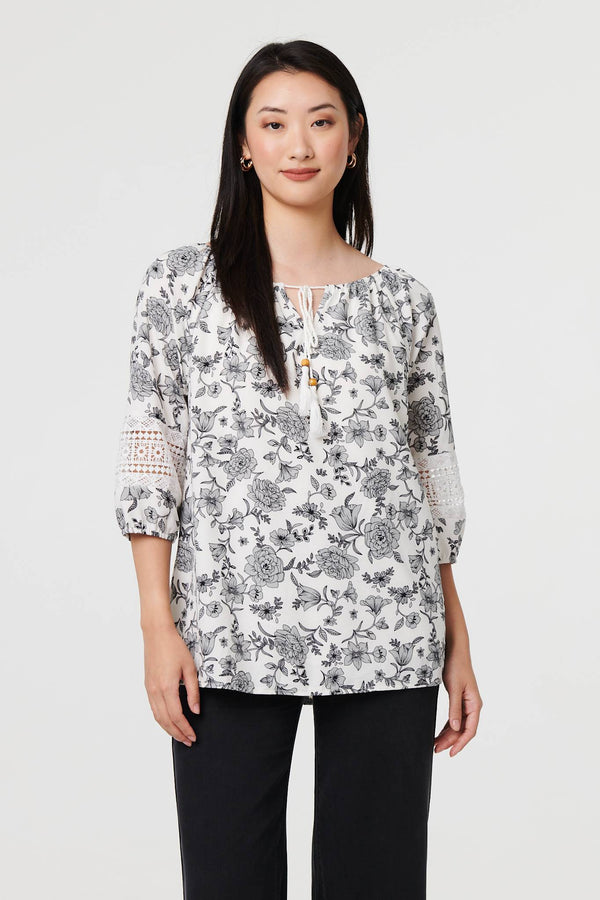 White | Floral Lace Trim Tie Neck Bardot Blouse