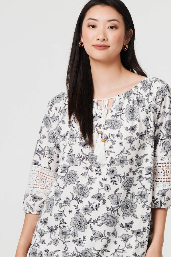 White | Floral Lace Trim Tie Neck Bardot Blouse