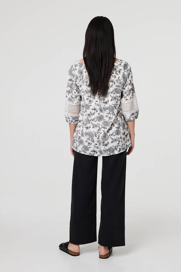 White | Floral Lace Trim Tie Neck Bardot Blouse
