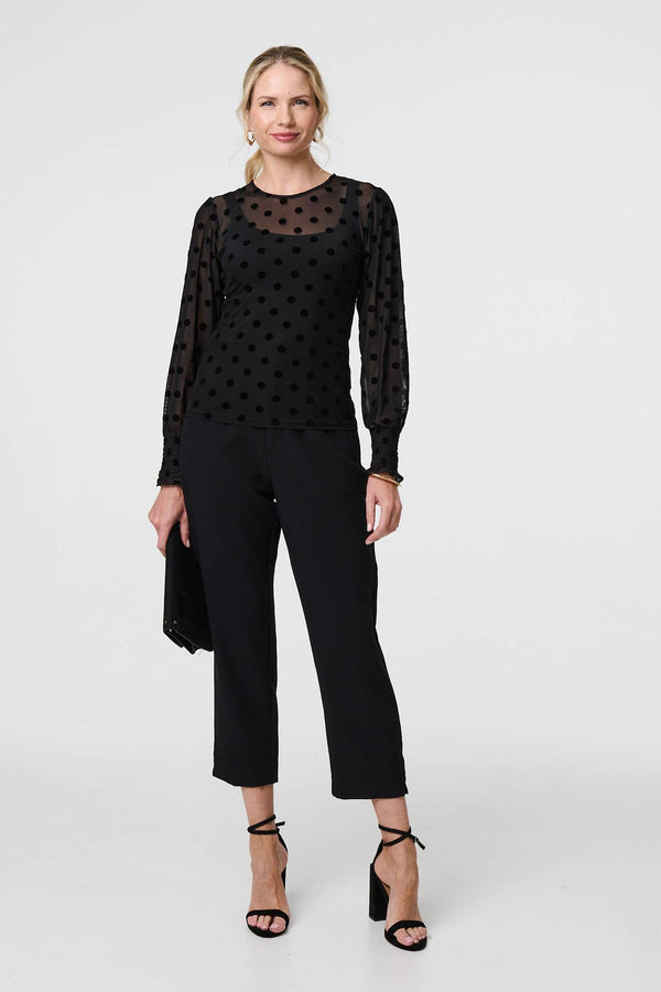 Black | Polka Dot Sheer Mesh Puff Sleeve Blouse