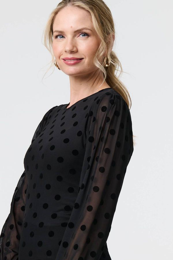 Black | Polka Dot Sheer Mesh Puff Sleeve Blouse