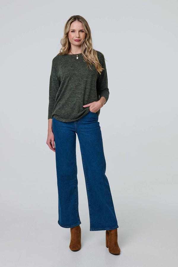 Khaki | Relaxed Boat Neck 3/4 Sleeve Top