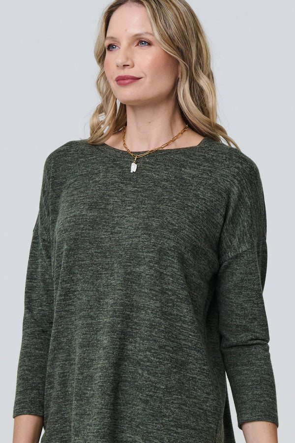 Khaki | Relaxed Boat Neck 3/4 Sleeve Top