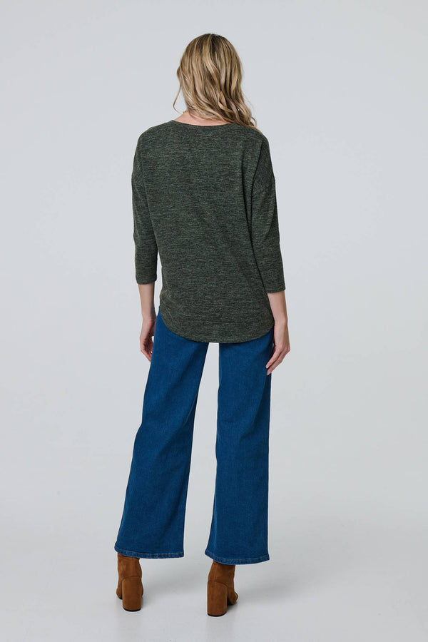 Khaki | Relaxed Boat Neck 3/4 Sleeve Top