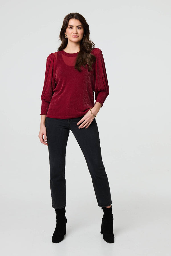 Burgundy | Sparkly 3/4 Puff Sleeve Mesh Top